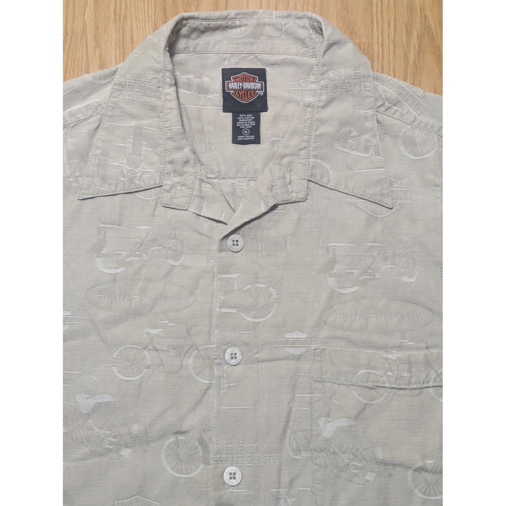 Harley-Davidson Mens Silk Cotton Blend Jacquard Biker Button Up Shirt Tan XL